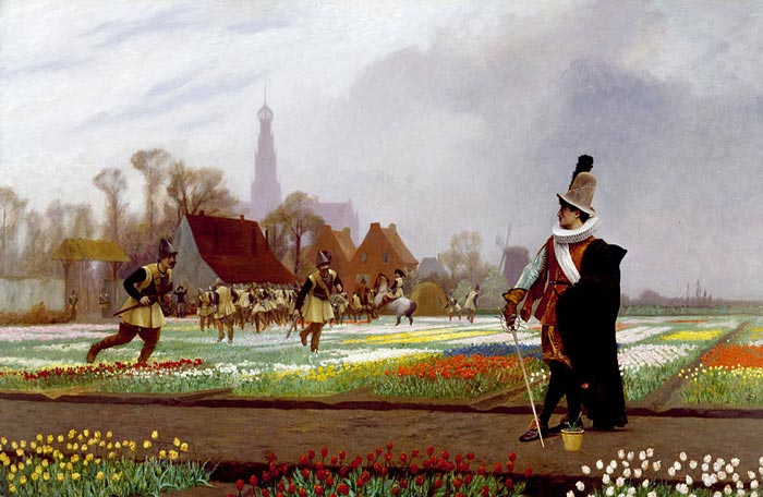 Картина Жана-Леона Жерома «Тюльпановое безумие» (1882). На фоне силуэта мирного Харлема солдаты вытаптывают поля тюльпанов-бридеров, чтобы остановить падение рынка. Источник: wikimedia.org